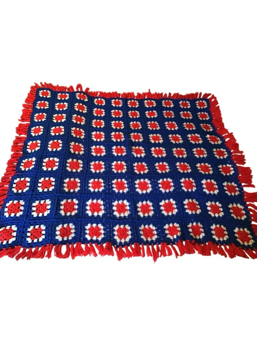 Handmade Crocheted Granny Square Red White Blue Vintage Afghan Throw Blanket